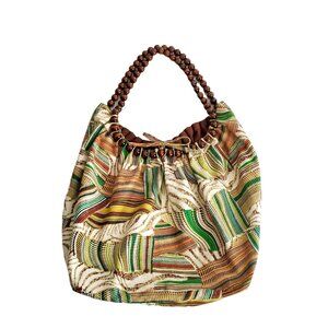 Colorful Abstract Dot Print Wood Bead Strap Slouchy Large Cotton Canvas Tote Bag
